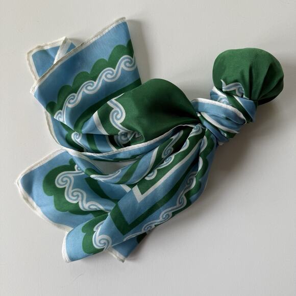Vintage Green Blue Wave Border Oblong Scarf 41” Maximalist‎ Mod Print No Tag - Picture 2 of 10